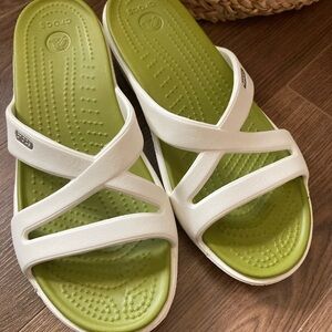 Crocs Women's White and Green Slide Sandals